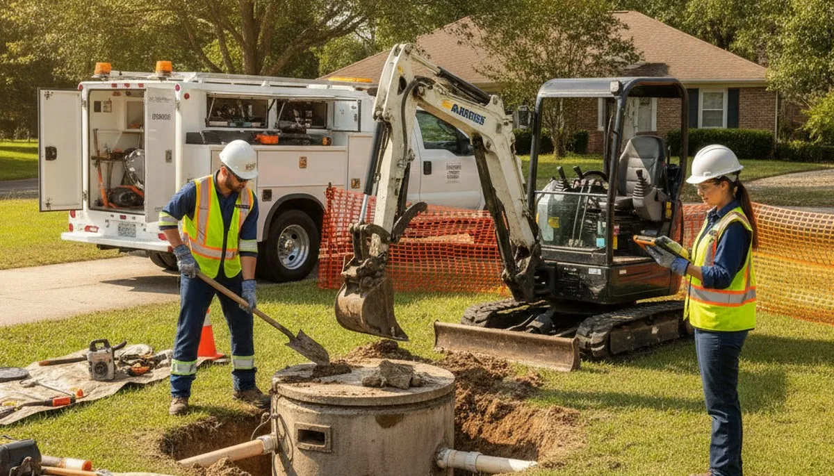 Septic repair technician inspecting home system in Staten Island, NY